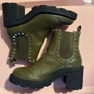 BCBG woman’s dark olive heeled combat boots with spiked rhinestoned gems